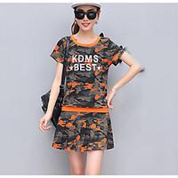 Women\'s Casual/Daily Simple Summer T-shirt Skirt Suits, Camouflage Round Neck Short Sleeve Micro-elastic