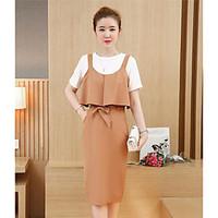Women\'s Going out Cute Spring Summer T-shirt Skirt Suits, Solid Round Neck Short Sleeve Micro-elastic