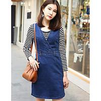 Women\'s Casual/Daily Simple Summer T-shirt Dress Suits, Striped Round Neck Long Sleeve Micro-elastic