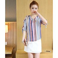 Women\'s Casual/Daily Simple Summer T-shirt Skirt Suits, Striped V-Neck 1/2 Length Sleeve Micro-elastic