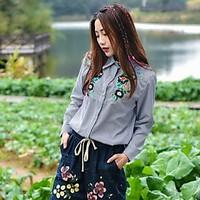 womens casualdaily simple shirt floral embroidered stand long sleeve c ...