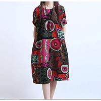 womens plus size chinoiserie loose dress geometric round neck knee len ...