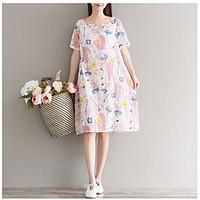 Women\'s Daily A Line Dress, Floral Print Round Neck Knee-length Short Sleeve Silk Summer Mid Rise Micro-elastic Medium