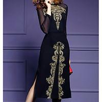 Women\'s Casual/Daily Bodycon Dress, Embroidered Round Neck Midi ¾ Sleeve Polyester Nylon Spandex Spring Mid Rise Inelastic Medium