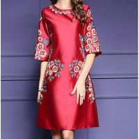 Women\'s Casual/Daily A Line Dress, Embroidered Round Neck Above Knee ½ Length Sleeve Polyester Summer Mid Rise Inelastic Medium