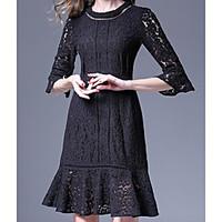 Women\'s Casual/Daily Trumpet/Mermaid Dress, Solid Jacquard Round Neck Midi ¾ Sleeve Rayon Polyester Summer Mid Rise Inelastic Medium