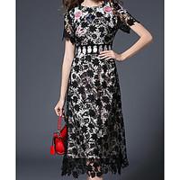 womens casualdaily lace dress embroidered round neck midi short sleeve ...