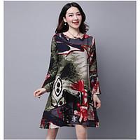 Women\'s Going out Casual/Daily Loose Dress, Floral Round Neck Above Knee Long Sleeve Cotton Spring Summer Mid Rise Inelastic Medium