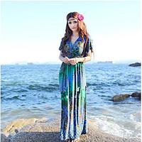 Women\'s Going out Beach Swing Dress, Floral V Neck Maxi Short Sleeve Modal Summer High Rise Micro-elastic Medium