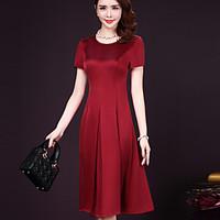 Women\'s Casual/Daily Simple A Line Dress, Solid Round Neck Midi Short Sleeve %Wool10%Mulberry silk 90%Wool10%Silk Summer Mid Rise