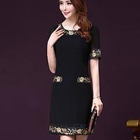 womens casual simple a line sheath dress solid round neck above knee s ...