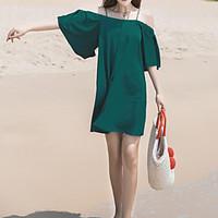 Women\'s Traveling Loose Dress, Solid Boat Neck Midi Sleeveless Cotton Summer High Rise Inelastic Medium