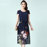 Women\'s Casual/Daily Simple A Line Dress, Floral Round Neck Midi Short Sleeve Chiffon Summer Mid Rise Inelastic Medium