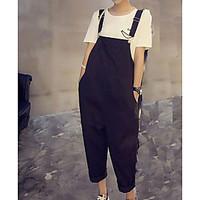 Women\'s Mid Rise Micro-elastic Loose Overalls Pants, Simple Relaxed Solid