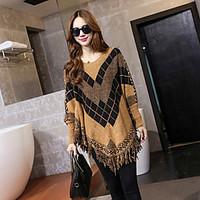 Women\'s Tassel Vintage Cute Regular Cloak/Capes, Solid Red Black Brown Green Round Neck Long Sleeve Cotton Linen Others Winter Medium