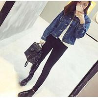 Women\'s Casual/Daily Vintage Street chic Spring Fall Denim Jacket, Solid Shirt Collar Long Sleeve Regular Oxford cloth Cut Out