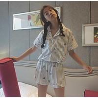Women\'s Casual/Daily Cute Summer Shirt Pant Suits, Striped Shirt Collar Short Sleeve