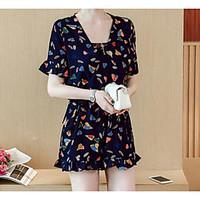 Women\'s Casual/Daily Cute Summer T-shirt Dress Suits, Geometric V Neck Short Sleeve Micro-elastic
