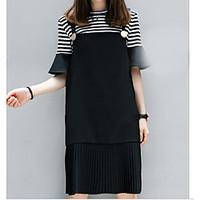 Women\'s Work Simple Summer T-shirt Dress Suits, Solid Striped Strap Short Sleeve Micro-elastic