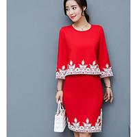 womens work vintage spring summer shirt skirt suits solid round neck 3 ...