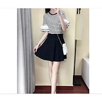 Women\'s Casual/Daily Simple Cute Summer T-shirt Skirt Suits, Striped Round Neck ½ Length Sleeve