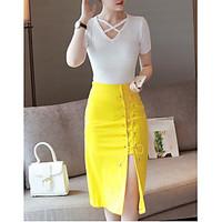 Women\'s Casual/Daily Street chic Spring Shirt Skirt Suits, Solid Round Neck Short Sleeve strenchy