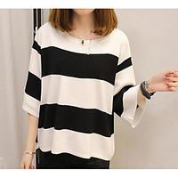 Women\'s Daily Simple T-shirt, Striped Round Neck Half-Sleeve Cotton