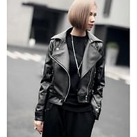 Women\'s Casual/Daily Simple Spring Leather Jacket, Solid Shirt Collar Long Sleeve Long Cotton