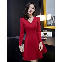 Women\'s Casual/Daily A Line Dress, Solid V Neck Above Knee Long Sleeve Rayon Summer Fall High Rise Micro-elastic Medium