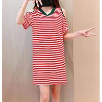 Women\'s Casual/Daily Shift Dress, Striped V Neck Above Knee Short Sleeve Cotton Summer Mid Rise Micro-elastic Thin