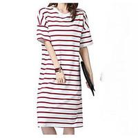 Women\'s Casual/Daily Simple Loose Dress, Striped Round Neck Knee-length Short Sleeve Polyester Summer Mid Rise Micro-elastic Medium