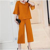 Women\'s Casual/Daily Simple Fall T-shirt Skirt Suits, Solid Round Neck 3/4 Sleeve Micro-elastic