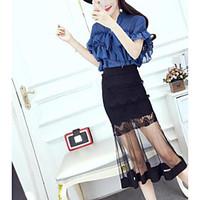 womens casualdaily street chic spring summer shirt skirt suits solid v ...