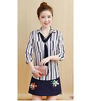 womens casualdaily simple summer shirt skirt suits striped shirt colla ...