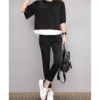 Women\'s Casual/Daily Active Summer T-shirt Pant Suits, Solid Round Neck ½ Length Sleeve Micro-elastic