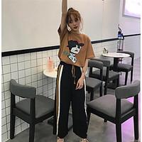 Women\'s Casual/Daily Vintage Summer T-shirt Pant Suits, Striped Round Neck 3/4-Length Sleeve Micro-elastic