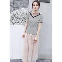 womens casualdaily simple summer t shirt skirt suits striped v neck sh ...