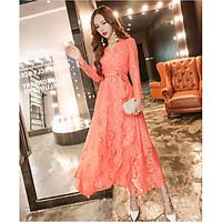 Women\'s Going out Casual/Daily Party Loose Dress, Solid V Neck Maxi Long Sleeve Spandex Summer High Rise Micro-elastic Thin