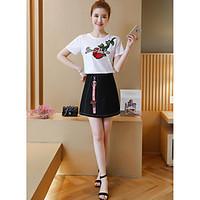 Women\'s Casual/Daily Cute Summer T-shirt Skirt Suits, Floral Round Neck Short Sleeve Embroidered Micro-elastic