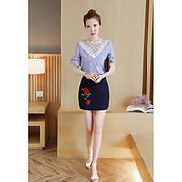 Women\'s Casual/Daily Cute Spring Summer Shirt Skirt Suits, Striped Floral Round Neck Short Sleeve Lace Micro-elastic