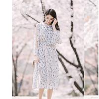 Women\'s Going out Casual/Daily Swing Dress, Solid Floral Stand Midi Long Sleeve Polyester Summer High Rise Micro-elastic Thin