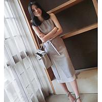 Women\'s Going out Casual/Daily Shift Dress, Solid Round Neck Midi Sleeveless Cotton Linen Summer Mid Rise Micro-elastic Thin