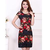 Women\'s Going out Party Sheath Dress, Floral Round Neck Above Knee Short Sleeve Others Summer High Rise Stretchy Thin