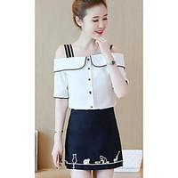 Women\'s Casual/Daily Simple Summer T-shirt Skirt Suits, Print Bateau 1/2 Length Sleeve Micro-elastic