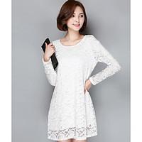 Women\'s Going out A Line Dress, Solid Round Neck Above Knee Long Sleeve Cotton Spring Mid Rise Micro-elastic Medium
