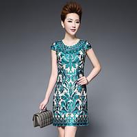 Women\'s Going out Cute Sheath Dress, Embroidered Round Neck Above Knee Short Sleeve Polyester Spring Summer Mid Rise Micro-elastic Medium