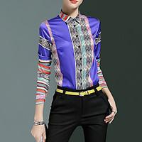 Women\'s Casual/Daily Simple All Seasons Shirt, Print Shirt Collar Long Sleeve Blue / Red Polyester Medium
