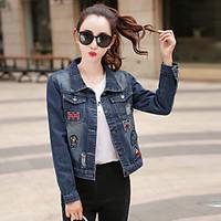 Women\'s Casual/Daily Simple Spring Denim Jacket, Print Shirt Collar Long Sleeve Regular Others