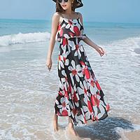 womens beach holiday boho slim chiffon dress print strap maxi sleevele ...