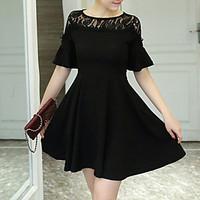 Women\'s Plus Size Going out Cute Street chic Skater Dress, Solid Round Neck Above Knee Short Sleeve Polyester Spandex Summer Mid Rise